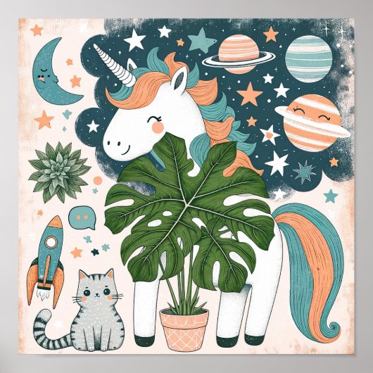 Space Explorer Einhorn mit Katzenkindern Wand Kuns Poster (Vorne)