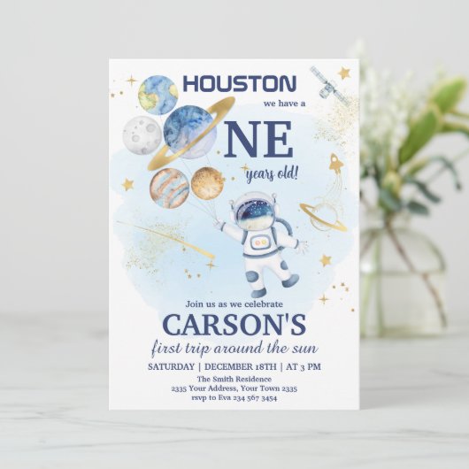 Space First Outer Space First Birthday Einladung (Stehend Vorderseite)