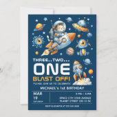 Space Galaxy Astronaut Cat Blast Off 1st Birthday Einladung (Vorderseite)