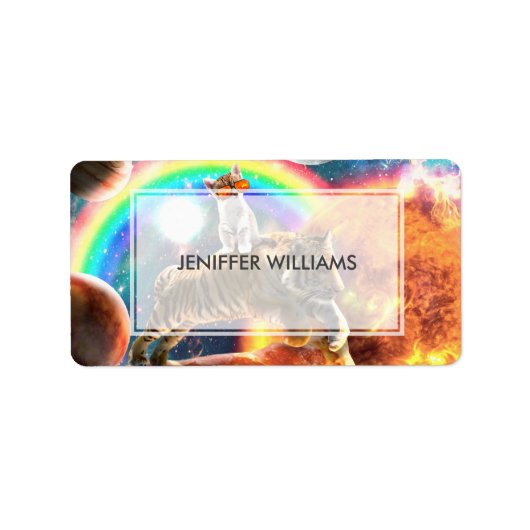 Space Galaxy Cat Riding Tiger on Pizza Adressaufkleber (Vorne)