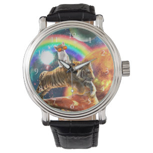 Space Galaxy Cat Riding Tiger on Pizza Armbanduhr