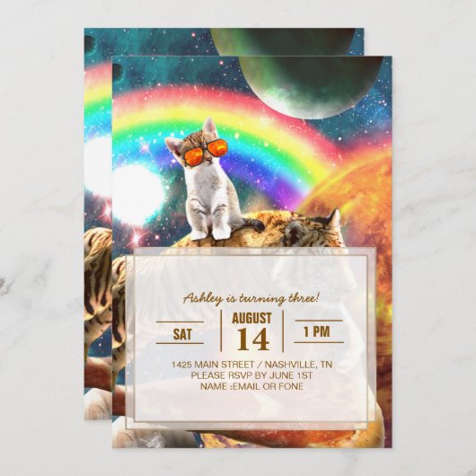 Space Galaxy Cat Riding Tiger on Pizza Einladung (Vorne/Hinten)
