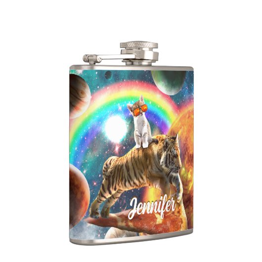 Space Galaxy Cat Riding Tiger on Pizza Flachmann (Rechts)