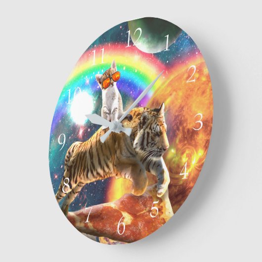 Space Galaxy Cat Riding Tiger on Pizza Große Wanduhr (Winkel)