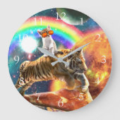 Space Galaxy Cat Riding Tiger on Pizza Große Wanduhr (Vorderseite)