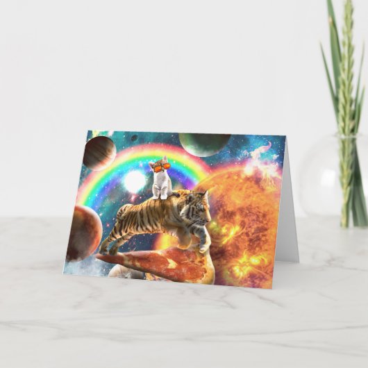 Space Galaxy Cat Riding Tiger on Pizza Karte (Vorderseite)