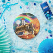 Space Galaxy Cat Riding Tiger on Pizza Pappteller (Party)