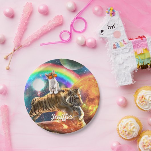 Space Galaxy Cat Riding Tiger on Pizza Pappteller (Party)