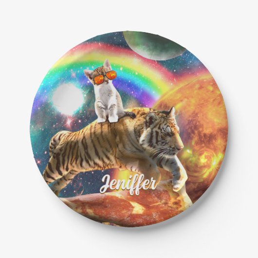Space Galaxy Cat Riding Tiger on Pizza Pappteller (Vorderseite)