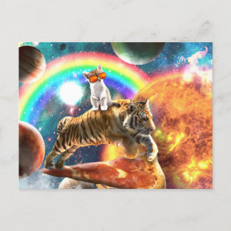 Space Galaxy Cat Riding Tiger on Pizza Postkarte