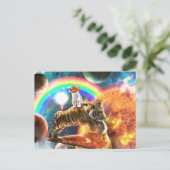Space Galaxy Cat Riding Tiger on Pizza Postkarte (Stehend Vorderseite)