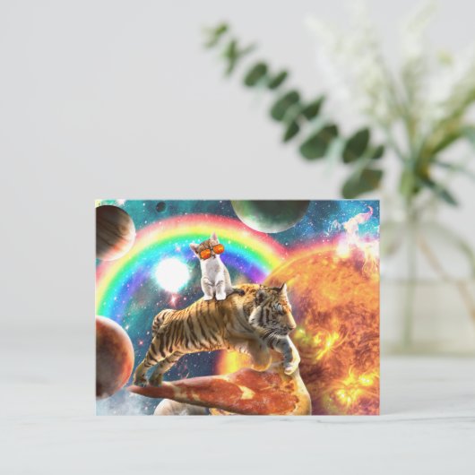 Space Galaxy Cat Riding Tiger on Pizza Postkarte (Stehend Vorderseite)