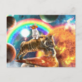 Space Galaxy Cat Riding Tiger on Pizza Postkarte (Vorderseite)