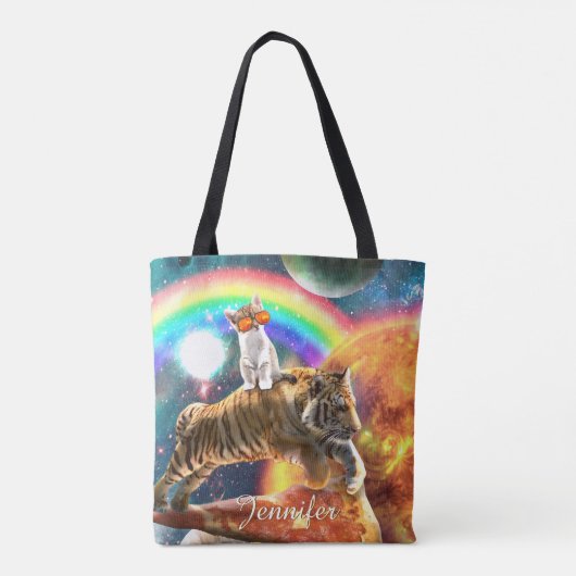 Space Galaxy Cat Riding Tiger on Pizza Tasche (Rückseite)