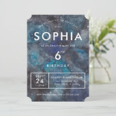 Space Galaxy in Blue Birthday Party Einladung (Stehend Vorderseite)