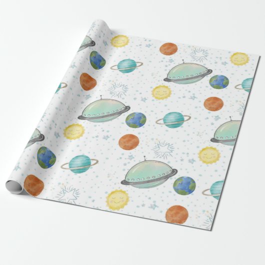 Space Galaxy Planets, Stars & Rocket  Orbits astro Geschenkpapier (Ungerollt)