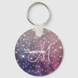 Space Galaxy Roségold Glitter Funkelndes Monogramm Schlüsselanhänger