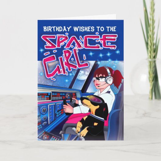 Space Girl Birthday Karte (Vorderseite)