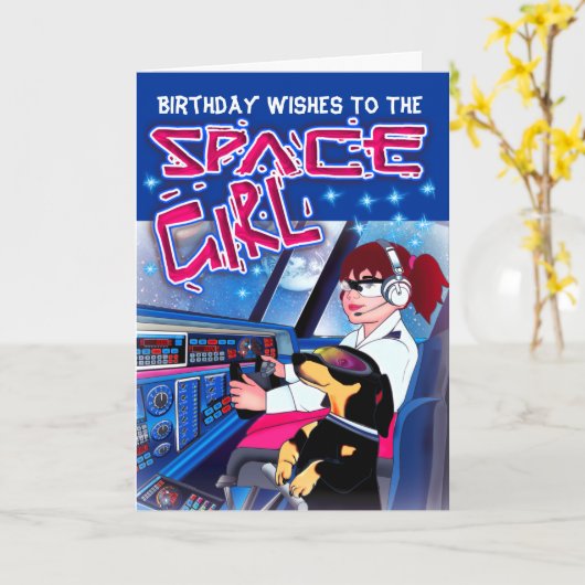 Space Girl Birthday Karte (Gelbe Blume)