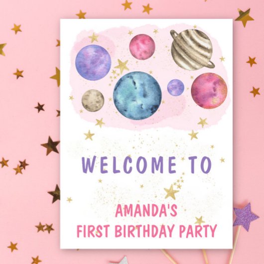 Space Girl Birthday Pink Planets Willkommen Party Poster