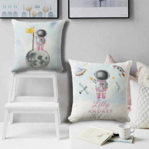 Space Girl Gold Galaxy Moon Stars Rakete UFO Threa Kissen