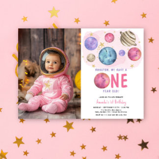 Space Girl zum ersten Geburtstag Moon Star Party Einladung