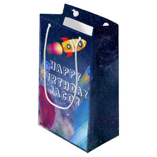 Space Happy Birthday Personalisiert Kleine Geschenktüte (Vorderseite Schrägansicht)