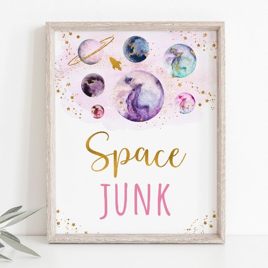 Space Junk Pink Gold Snacks Birthday Sign Poster