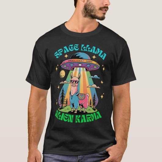 Space Llama Alien Karma, Funny Llama UFO Retro T-Shirt (Vorderseite)