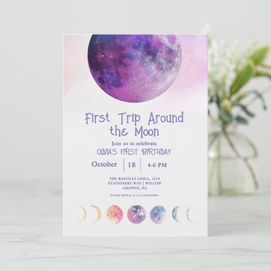 Space Moon First Kindergeburtstag Party Einladung (Stehend Vorderseite)