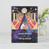 Space Moon Universe Romantic Night Train Wedding Einladung (Stehend Vorderseite)