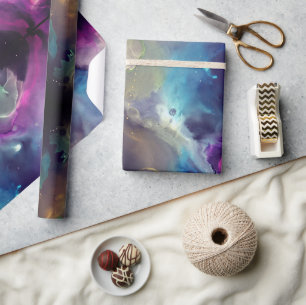 Space Nebel blau gelb Alkoholtupfer Kunst Geschenkpapier