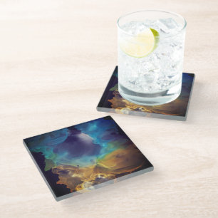 Space Nebel blau gelb Alkoholtupfer Kunst Glasuntersetzer