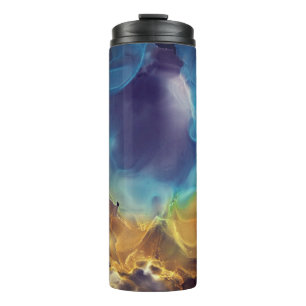 Space Nebel blau gelb Alkoholtupfer Kunst Thermosbecher