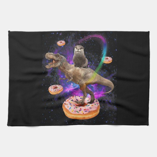 Space Otter Riding Dinosaur T-Rex Donuts Geschirrtuch (Horizontal)