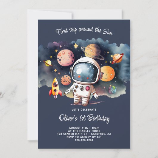 Space Party erste Fahrt um die Sonne Einladung (Vorderseite)
