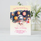 Space Party Erste Reise um die Sonne Gelb Einladung (Stehend Vorderseite)