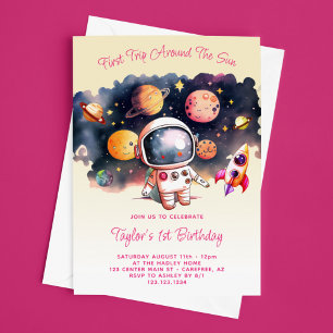 Space Party Erste Reise um die Sonne Gelb Einladung