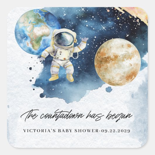 Space Planets Countdown Baby Dusche Quadratischer Aufkleber (Vorderseite)