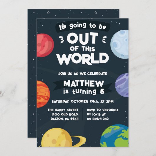 Space Planets Invitation for Birthday Party Galaxy Einladung (Vorne/Hinten)