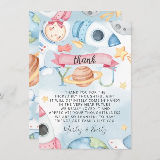 Space Planets Pink Girl Baby Dusche Danke Karte (Vorne/Hinten)