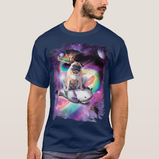 Space Pug Dog Riding Axolotl Rainbow T-Shirt (Vorderseite)