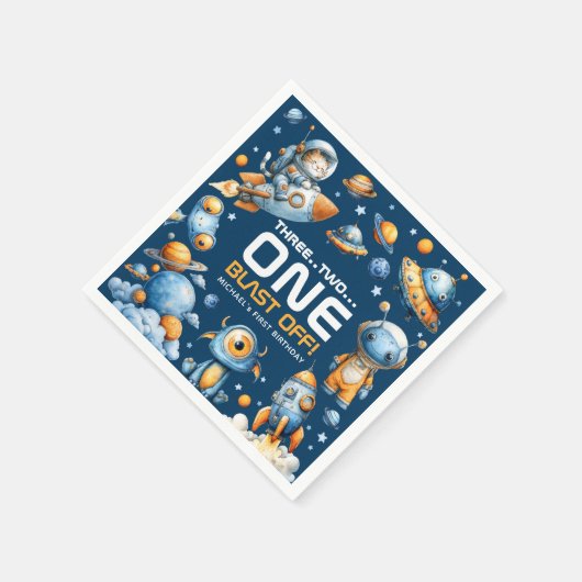 Space Rocket Astronaut Cat Blast Off 1st Birthday Serviette (Ecke)