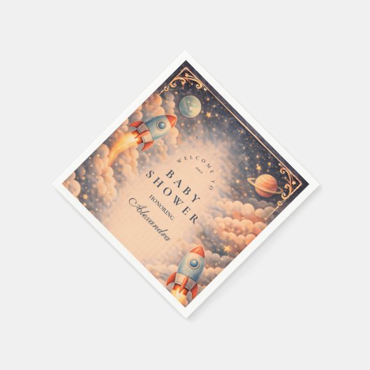 Space Rocket Clouds Baby Shower Serviette (Ecke)