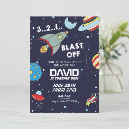 Space Rocket Galaxy Blast Off Boy Birthday Einladung (Stehend Vorderseite)