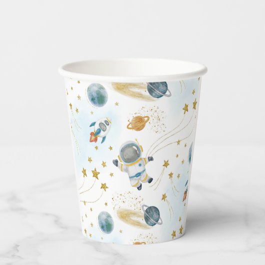 Space Rocket Ship Astronaut Stars Pattern Pappbecher (Rückseite)