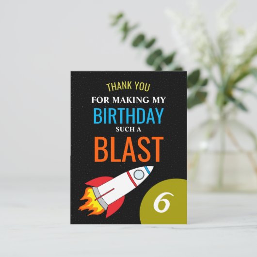 Space Rocket to the Moon Kid's Birthday Danke Postkarte (Stehend Vorderseite)