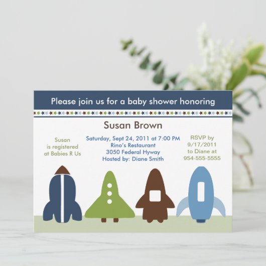 Space Rockets Baby Dusche Einladung (Stehend Vorderseite)