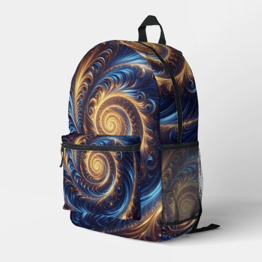 Space Royal Blue und Gold Wirbel Bedruckter Rucksack (Rückseitige Ecke Rechts)