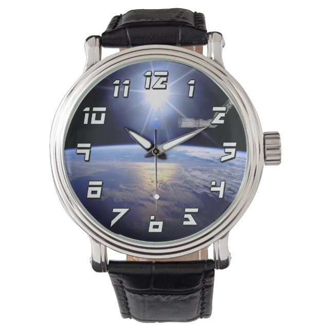 Space Shuttle Robot Arm Earth Orbit Sunburst Armbanduhr (Vorderseite)